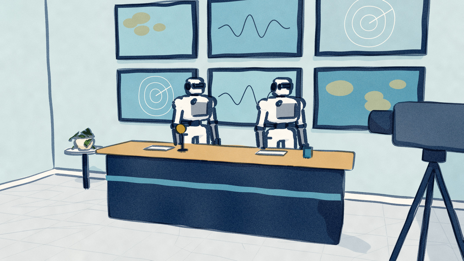 House art for Robovations dispatches: two robots stand behind a news desk in front of a wall of screens showing a radar sweep, a wave and a map.