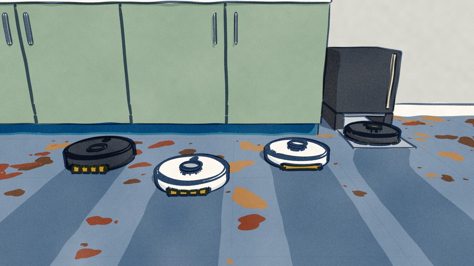 Four robot mops cross a kitchen floor spotted with dried coffee and juice: three with rollers or a track leave clean wet lanes behind them, while the black spinning-pad robot drives back into its dock to have its pads washed.