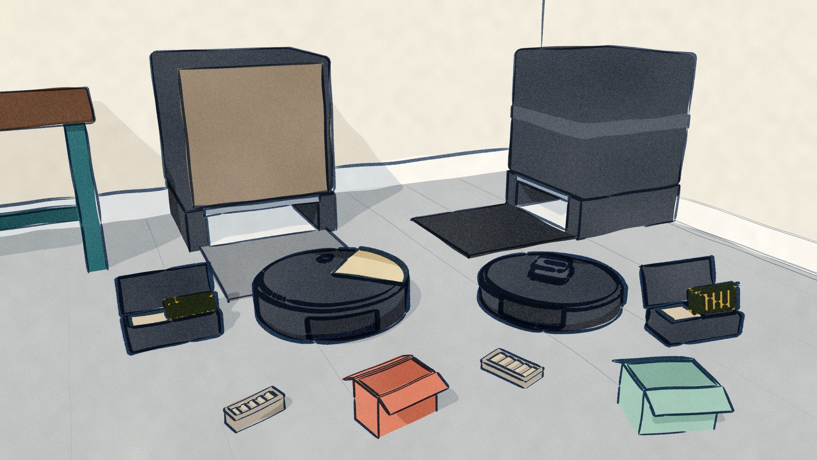 In the corner of a hall each robot vacuum has been driven just off its own dock, the Roomba from its wood-fronted dock on the back wall and the Shark from its tall dock on the side wall, and each has its dust bin out on the boards with a new filter going in and the dusty old filter beside it.