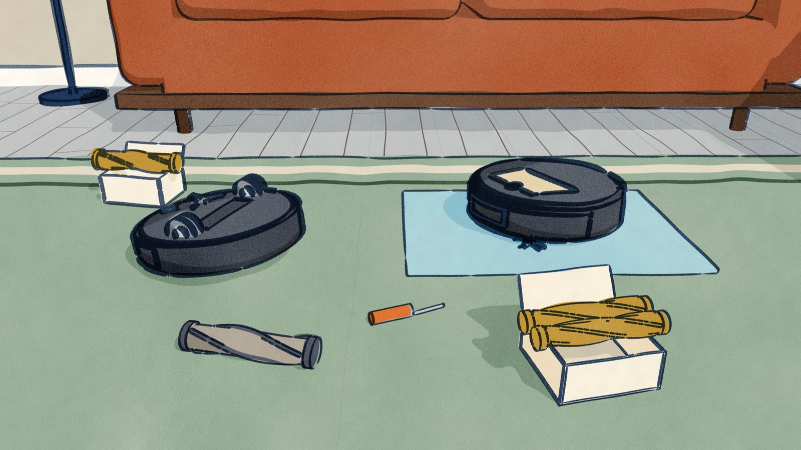 On a living-room rug a black Eufy robot vacuum lies upside down with its worn brush roll out and a new one across its opened carton, while the Roomba waits upright on a towel beside its own carton of two new rolls.
