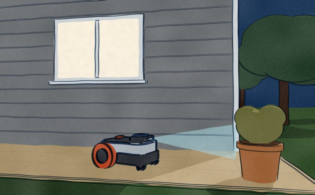 At night the grey Segway Navimow LiDAR mower crosses the patio below a lit kitchen window, its pale LiDAR fan reaching a planter at the corner of the patio.