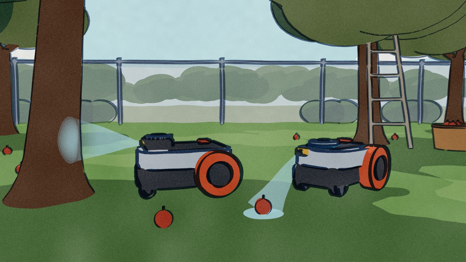 Two grey Segway Navimow mowers work under old apple trees: the LiDAR model sweeps a pale fan across a trunk while the other model's camera picks out a windfall apple in the grass ahead.
