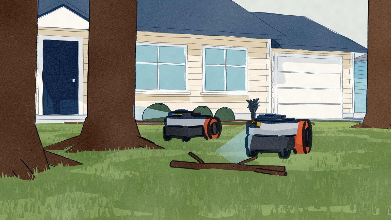 Two grey Segway Navimow mowers work in the shade of two old oaks on a front lawn: the LiDAR model sweeps a pale fan onto a trunk while the other model's camera picks out a fallen branch in the grass.