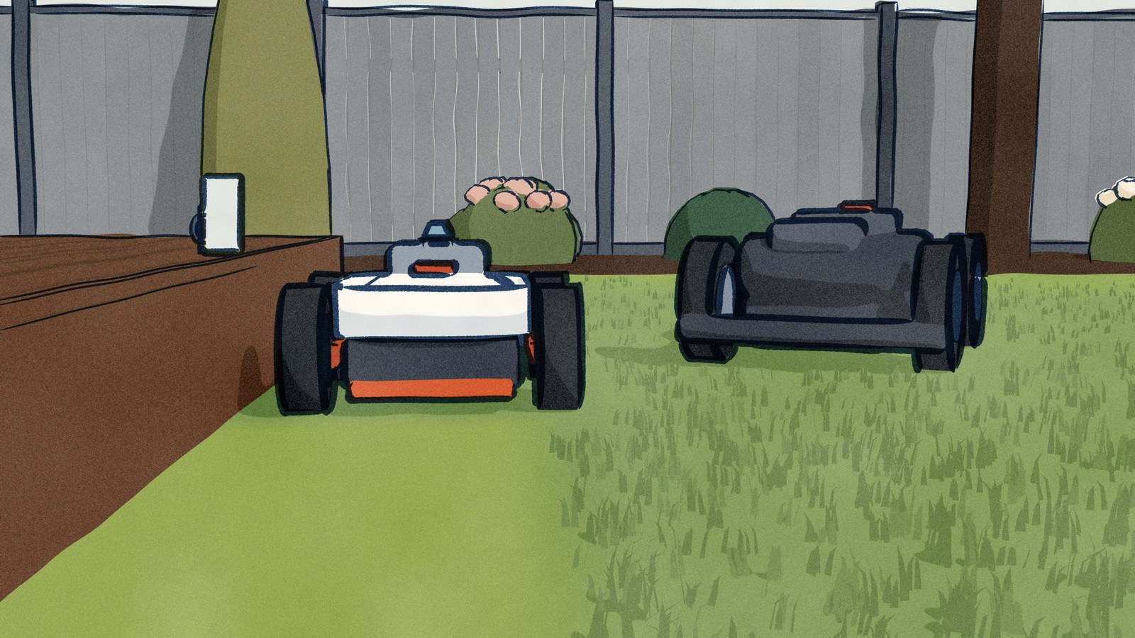 On mapping day a phone stands propped on a mug at the edge of a low deck. Beside it the white Mammotion LUBA 3 drives along the foot of the deck, tracing the lawn's edge, a pale pressed lane running back from it, while further along the lawn the black Segway Navimow X4 waits its turn, facing us.