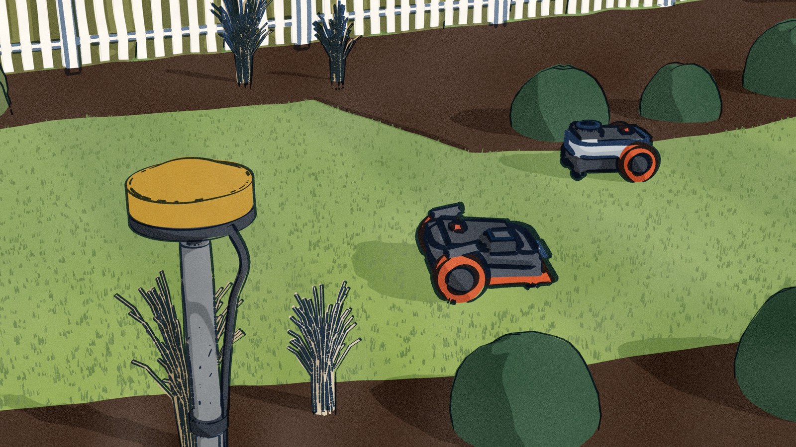 Seen from the top of an antenna pole at the corner of a back lawn, past its gold GNSS dome: a charcoal-and-orange Navimow X330 mows the lawn below, and a pale Navimow i215 LiDAR works the far bed edge with no antenna.