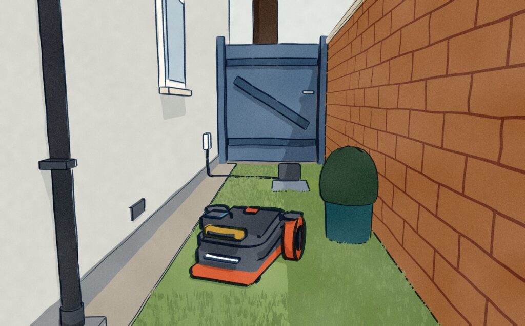 In a narrow shaded passage between a house wall and a brick garden wall, the orange-skirted Navimow robot mower has left its charging station by the side gate and steers up the strip of grass by its nose camera.