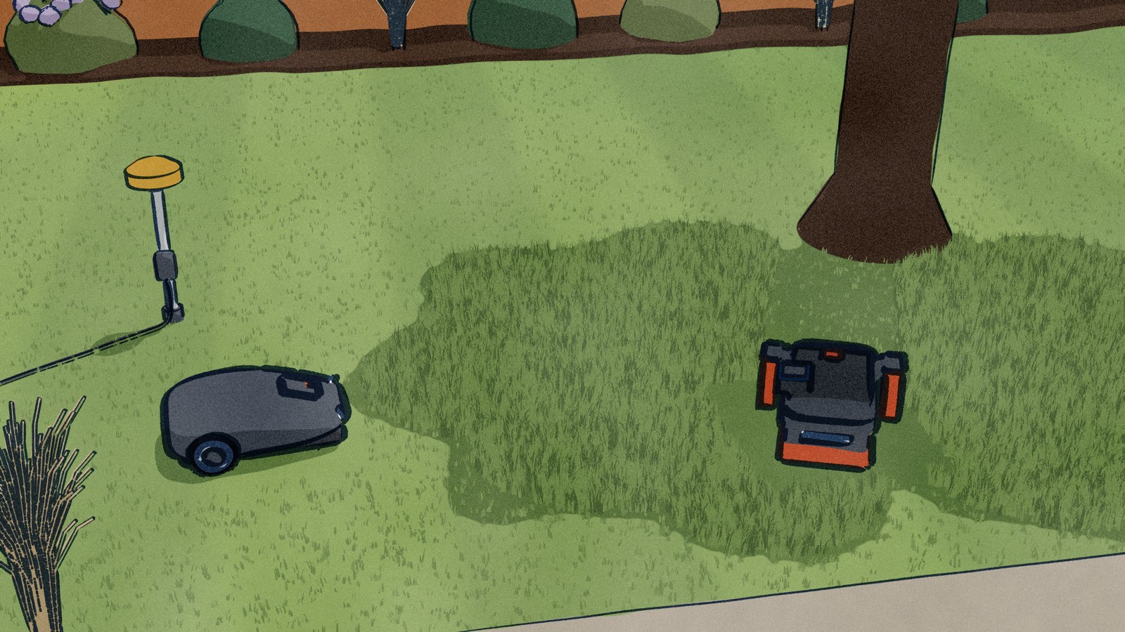 On a back lawn at midday a big tree throws a dark pool of shade where the grass is still long; the orange-skirted Navimow robot mower has cut a lane in under the tree, the dark Husqvarna waits stopped at the shade's edge, and out in the sun an antenna stands on a pole.