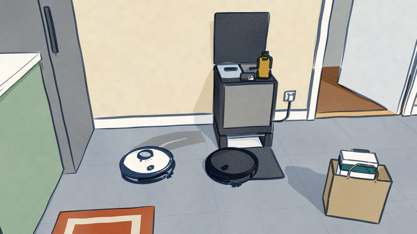 In a kitchen the black Roborock Saros 20 rolls out of its grey tower dock, whose lid is up with a bottle of Roborock cleaning solution standing by the open detergent well, while the white Samsung Jet Bot Steam Ultra mops past on the tiles.