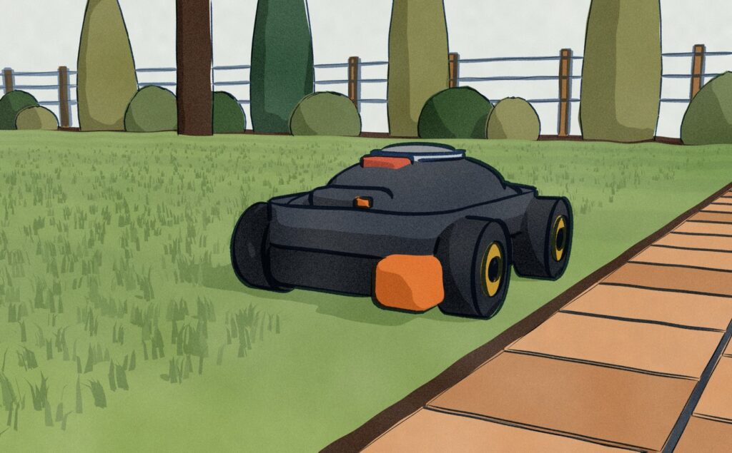 Close to the ground where a lawn meets a paver path, the Segway Navimow H5 Pro runs along the edge with its edge-arm housing over the turf, trimming the lawn right to the pavers.