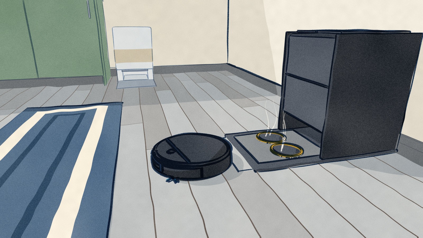In a kitchen, the black Roborock Saros 10R reverses toward its dock, where hot water steams in two gold-rimmed wash wells ready for its mop pads; a white Dreame dock stands at the cabinets beyond.