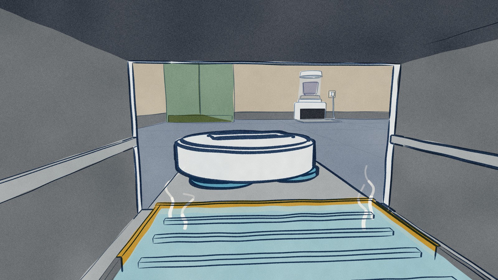 Seen from inside its station's wash bay, a white Ecovacs Deebot T50S Pro Omni backs up the ramp toward a steaming well of hot water, while across the utility room the Eureka E20 Plus's station holds only a clear drum of dust.