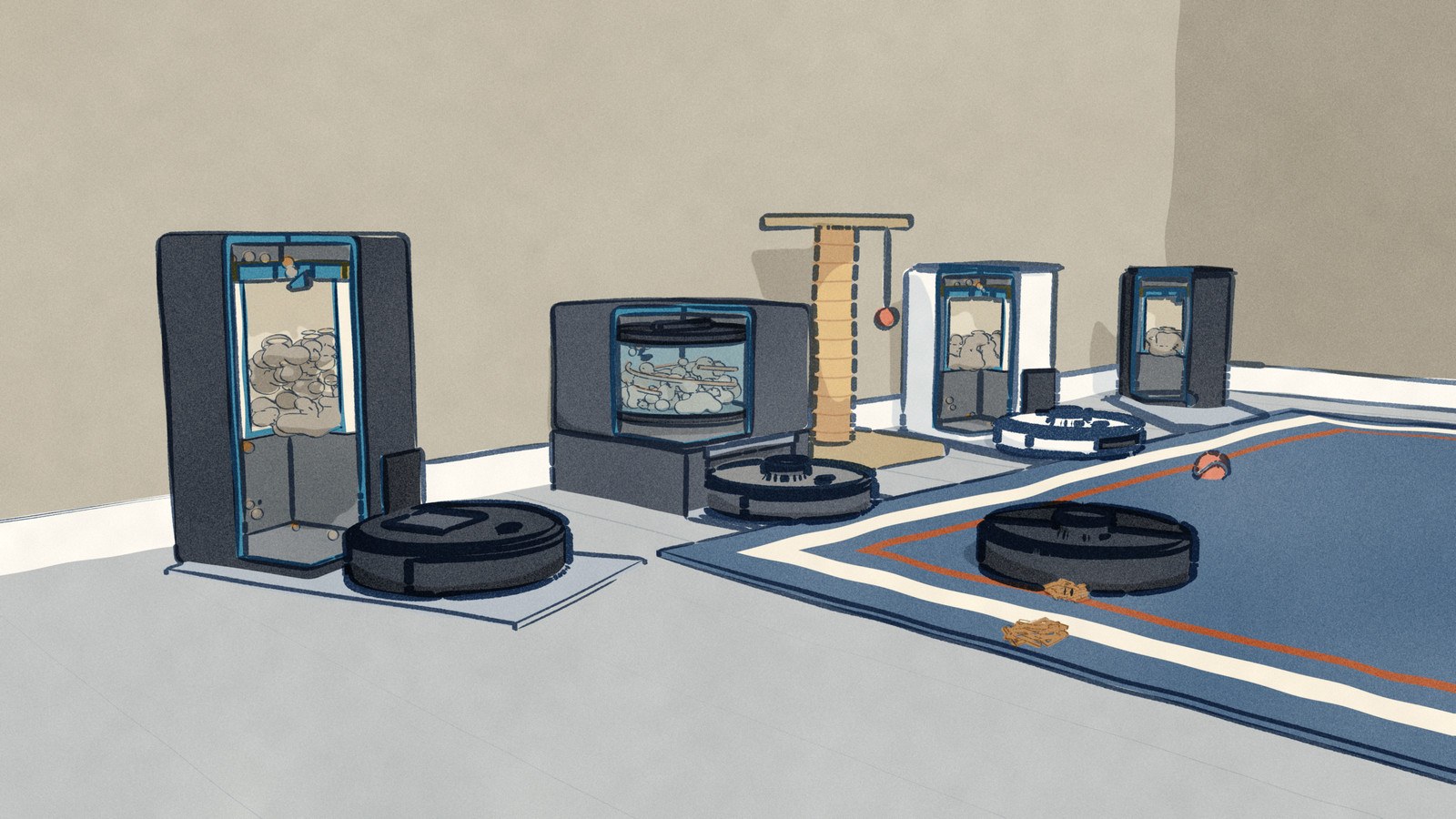 The end of a run in a pet owner's living room: three robot vacuums empty into their docks, cut open to show the dirt going into a paper bag in the Roomba docks and into a clear bagless bin in the Eureka dock, while a fourth robot crosses the rug home trailing a tuft of shed coat.
