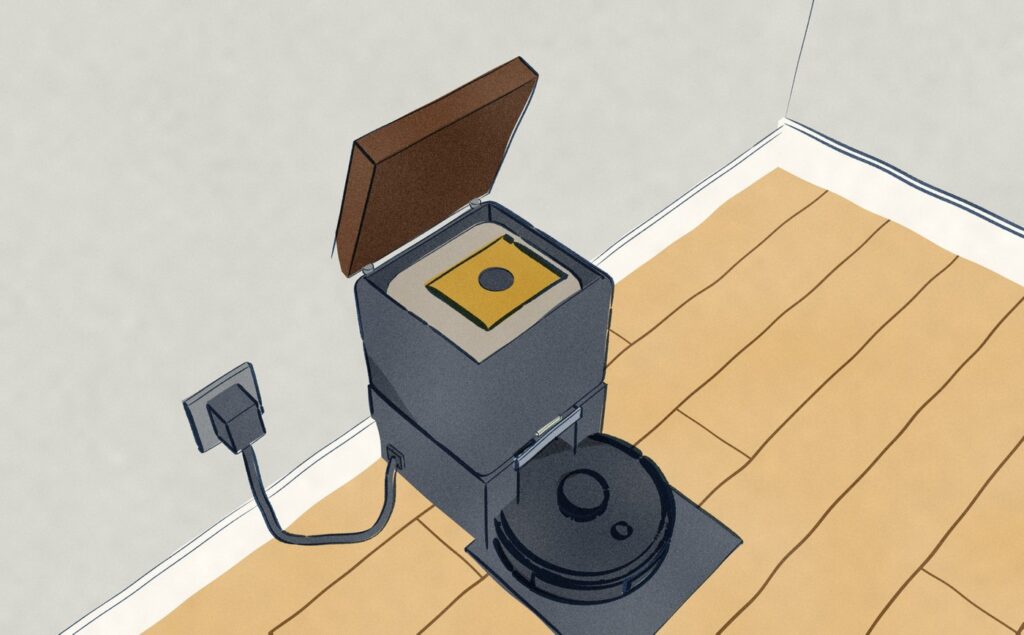 The SwitchBot K11+ docked against the wall with its dock's walnut lid lifted: inside is the dust bag, full, its card collar on the dock's inlet. There is no water anywhere in this dock.