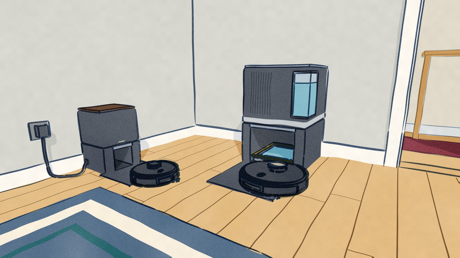 Seen from low in a dining room: the Shark robot reverses up its ramp toward its tall dock, whose open bay holds a wash tray of water, while along the side wall the small SwitchBot K11+ rolls off the floor plate of a compact walnut-lidded dock that has no water in it at all.