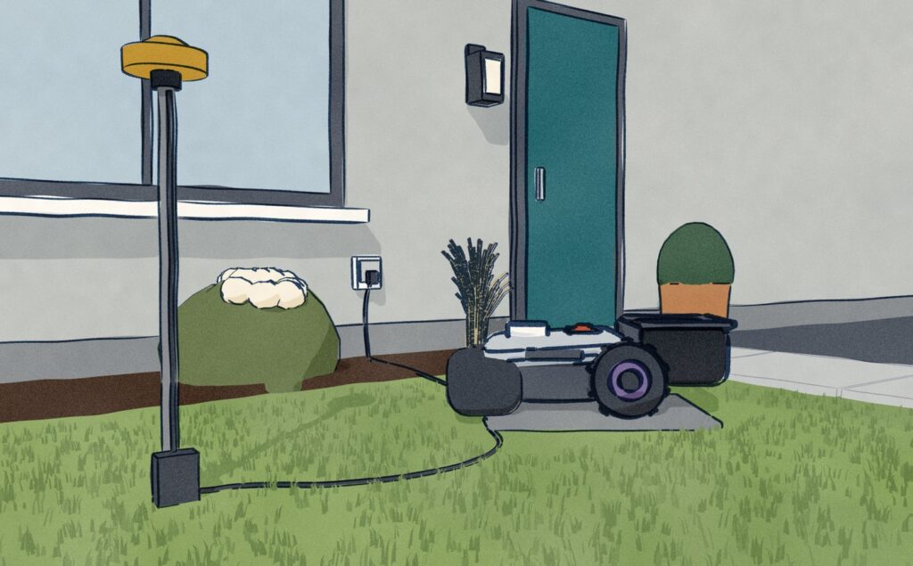 In the front garden of the same house, a grey ANTHBOT robot mower sits docked on its charging station while its RTK reference antenna stands on a pole in the open lawn, the antenna lead running across the grass into the station and the station lead going to an outdoor outlet on the house wall.