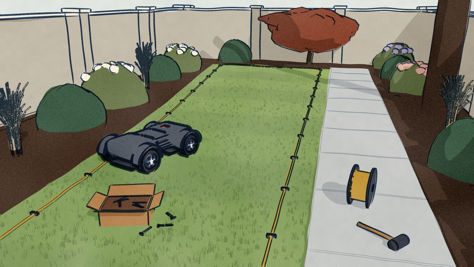 In a walled back garden on install day, a charcoal Husqvarna robot mower makes its first lap along a boundary wire just pegged by hand round the lawn, with the wire reel and a mallet on the path and the opened kit carton of pegs in the grass.