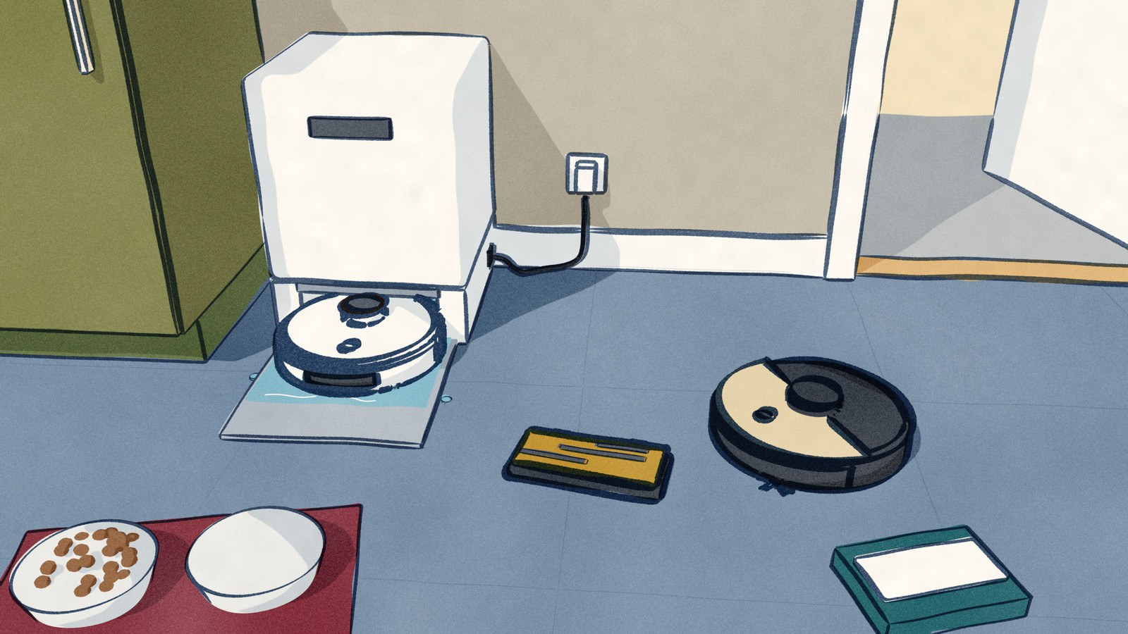 In a kitchen, the ROIDMI EVA sits in its white dock having its mop pads rinsed, while the black Shark AI Ultra stands on the tiles beside its own unclipped, soiled mop pad and a fresh pad waiting on its packet.