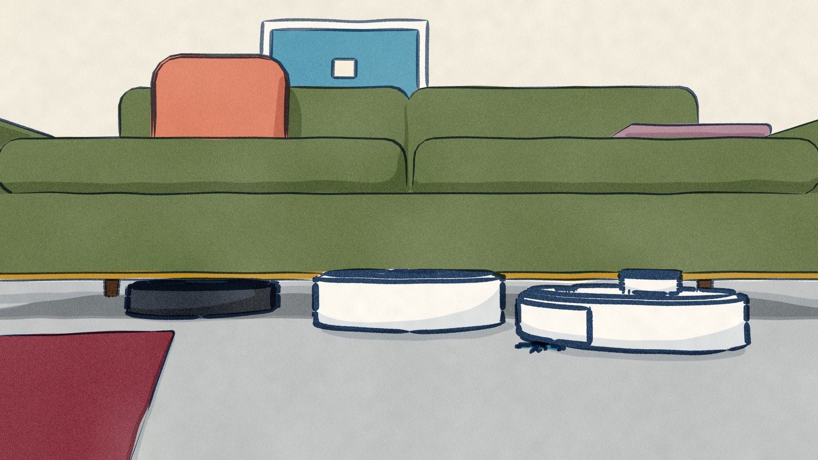 Three robot vacuums at a low sofa: the black Qrevo Slim is half under the frame, while the taller white SwitchBot S20 and Qrevo Curv 2 Flow stay out in the room, their lids above the gap.