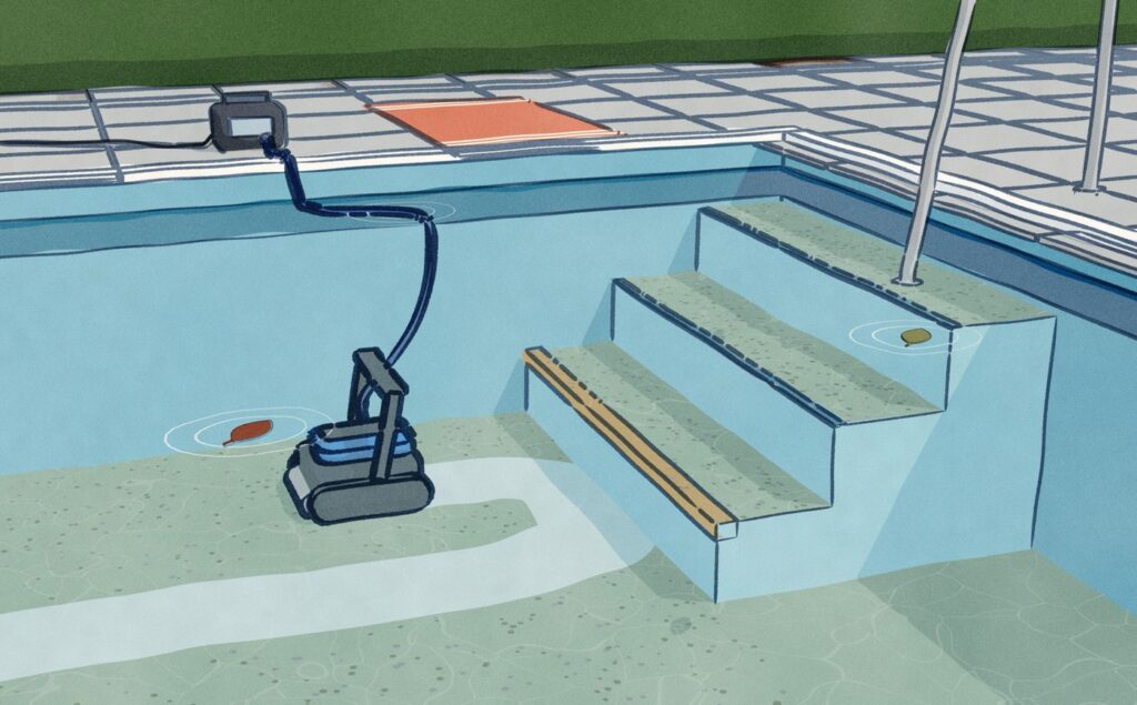 Seen from the side deck, a pool robot has turned back at the foot of a pool's entry steps, its clean lane looping round at the bottom riser while dust still lies on every tread, its blue cable floating to the far wall and over the coping to its power supply.
