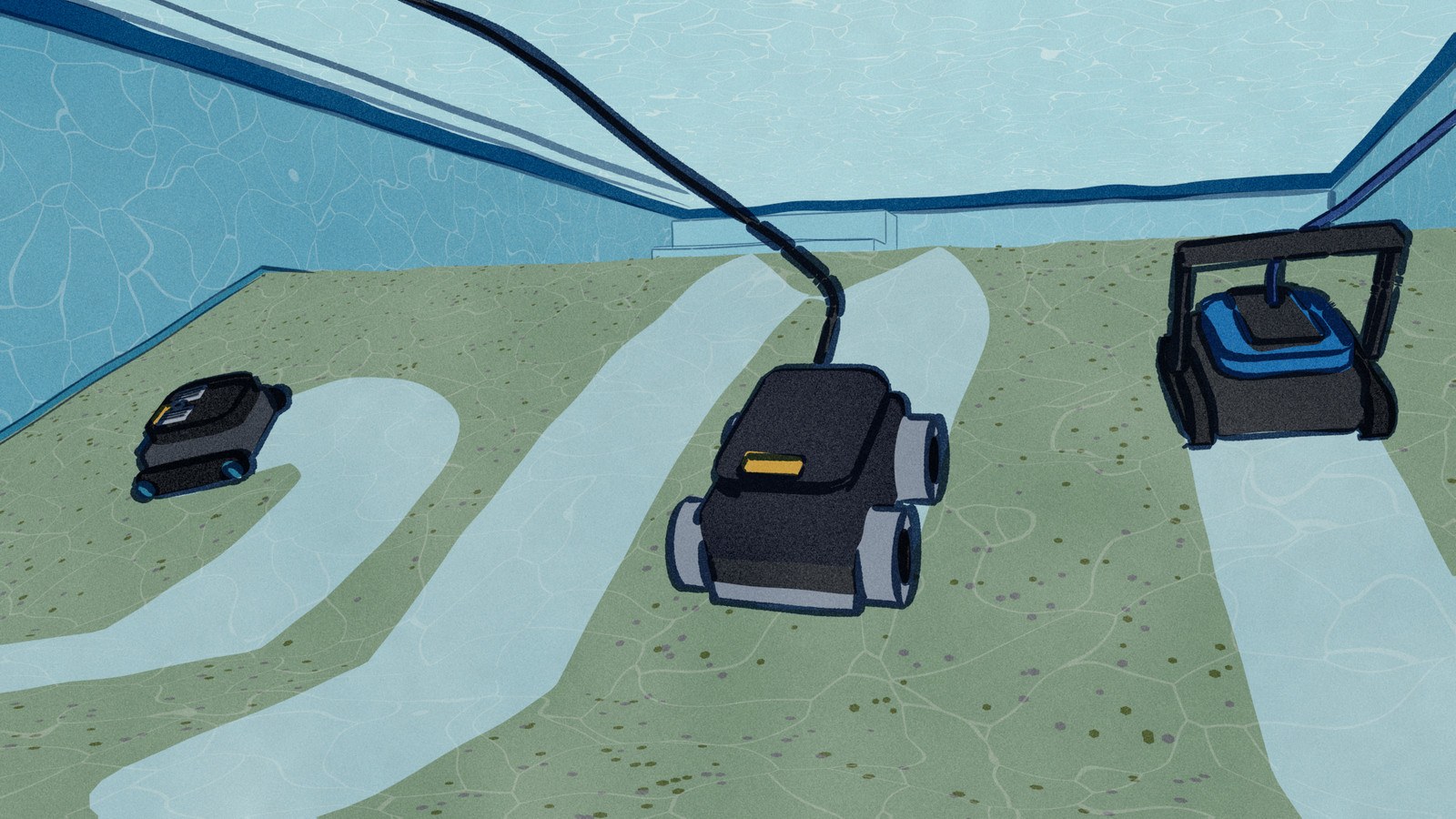 Under the water at the deep end of a pool, three pool robots climb a dust-covered slope toward the shallow end, each leaving its own clean lane: a smooth wave, a hairpin back down beside itself, and one straight run, the two corded robots trailing cables up to the surface.