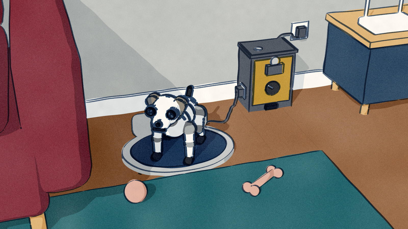 A white aibo robot dog stands on its charging pad by a living-room wall; the pad's cord runs not to the wall socket but into a coin-operated power timer with a brass coin plate, and only the timer is plugged in.