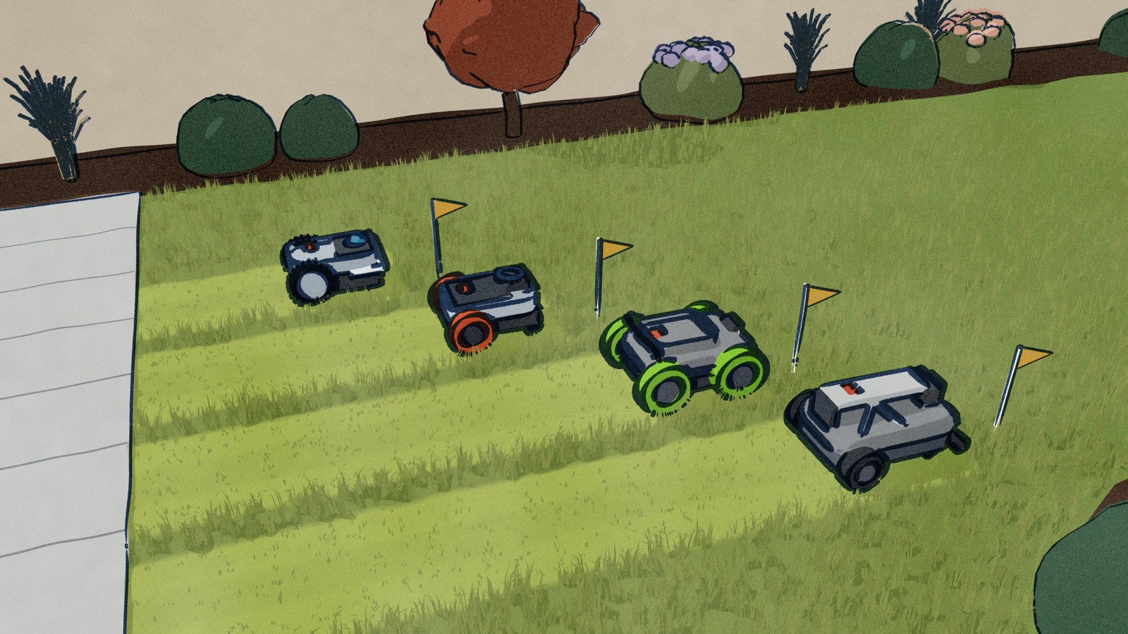Four robot mowers each cut a lane out from a stone path across a long back lawn; each lane runs as far as that mower's rated lawn size, to a small gold flag, the longest nearest and the shortest by the wall.
