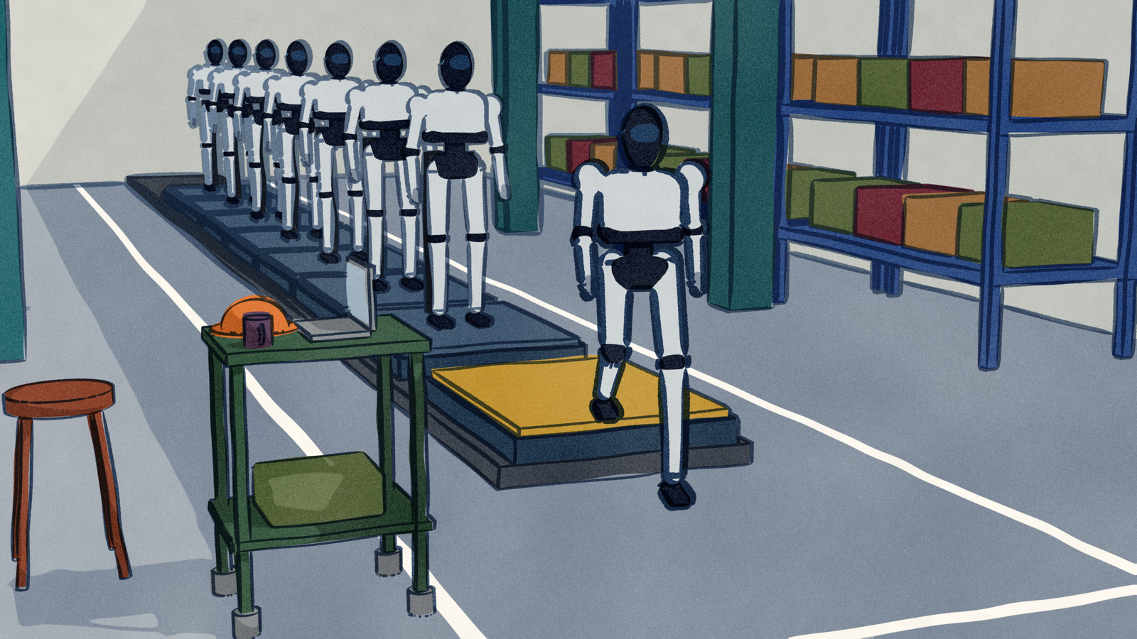Tesla Optimus robots ride a production line in single file through a factory hall, and the lead robot steps down off the last carrier toward a test cart holding a laptop and a hard hat.