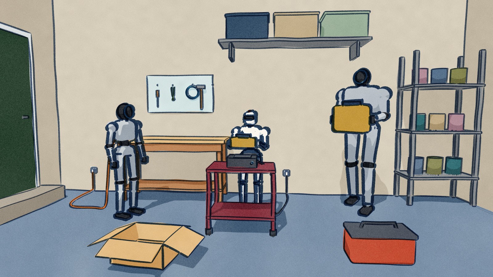 Three Unitree humanoids at battery time in a home garage: the R1 lifts its spare pack off the bench charger, the tall H1 carries its big pack over, and the G1 stands plugged into the wall on a charging lead.