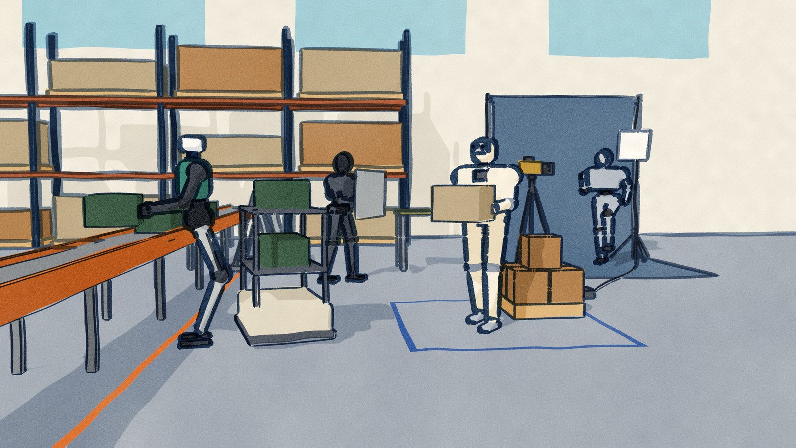 On a plant floor Digit lifts a tote onto a conveyor and Figure 02 carries a sheet-metal panel, Apollo carries a case in a taped pilot cell, and at the back a Unitree H2 strides on a paper backdrop for a camera on a tripod.