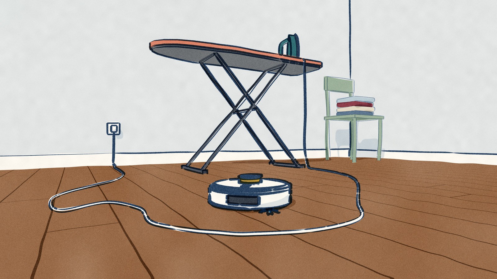 Seen from the floor in a spare room, a small white SwitchBot K10+ robot vacuum rolls straight at an iron's cord that runs off an ironing board and lies looped across the floorboards.