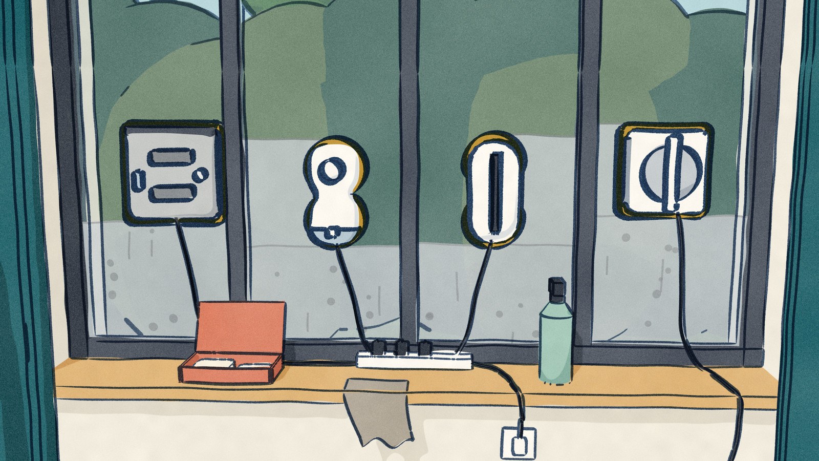 Four window-cleaning robots work the inside of a wide living-room window, one to a pane, each on its wiping pad, with spare pads, two used grey pads and a bottle of cleaning solution on the sill below them.