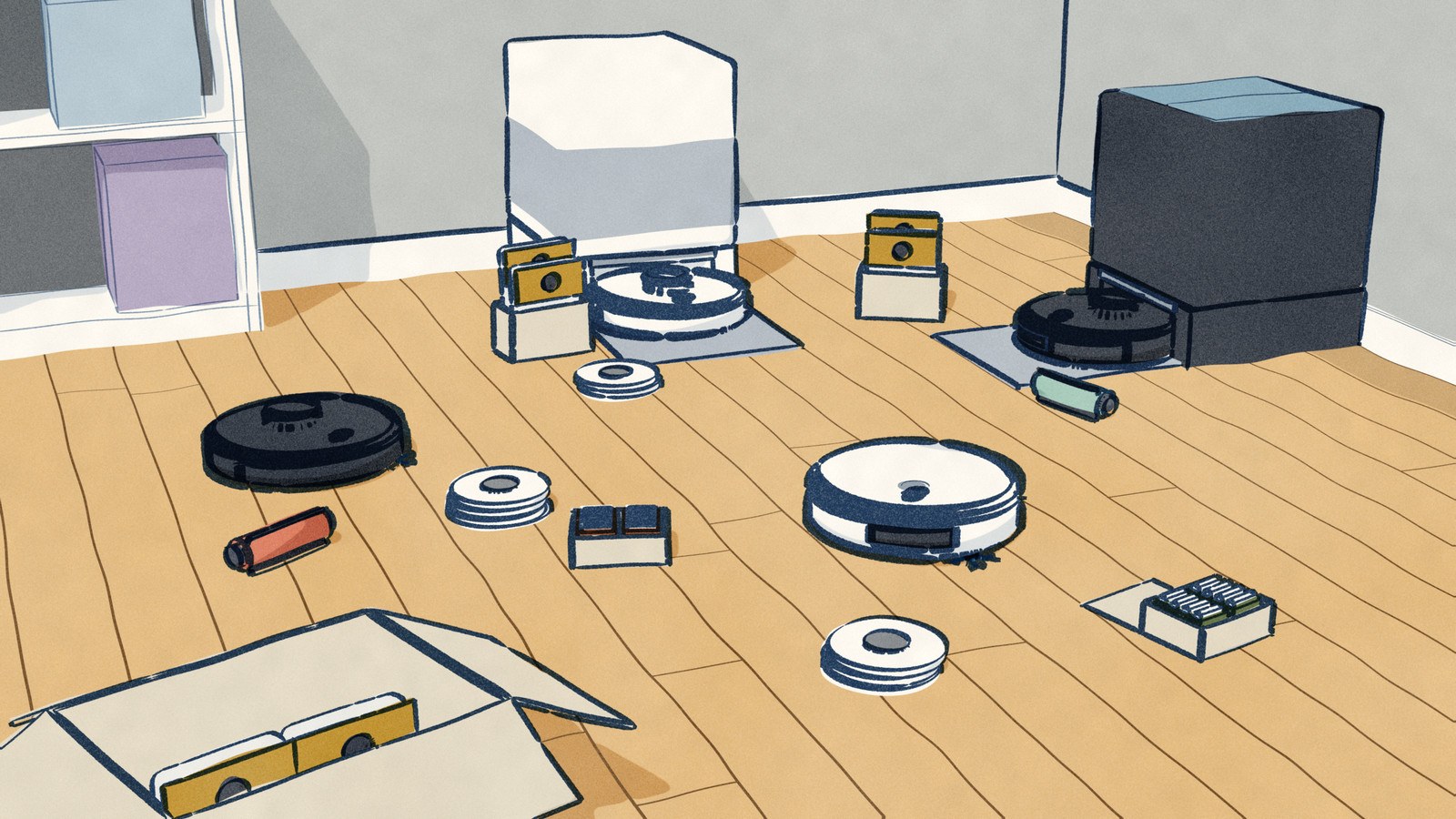 In a study, four robot vacuum-mops, two in their docks and two out mopping the boards, each have a small pile of their maker's replacement parts in front of them: new dust bags, mop pads, filters and roller brushes.