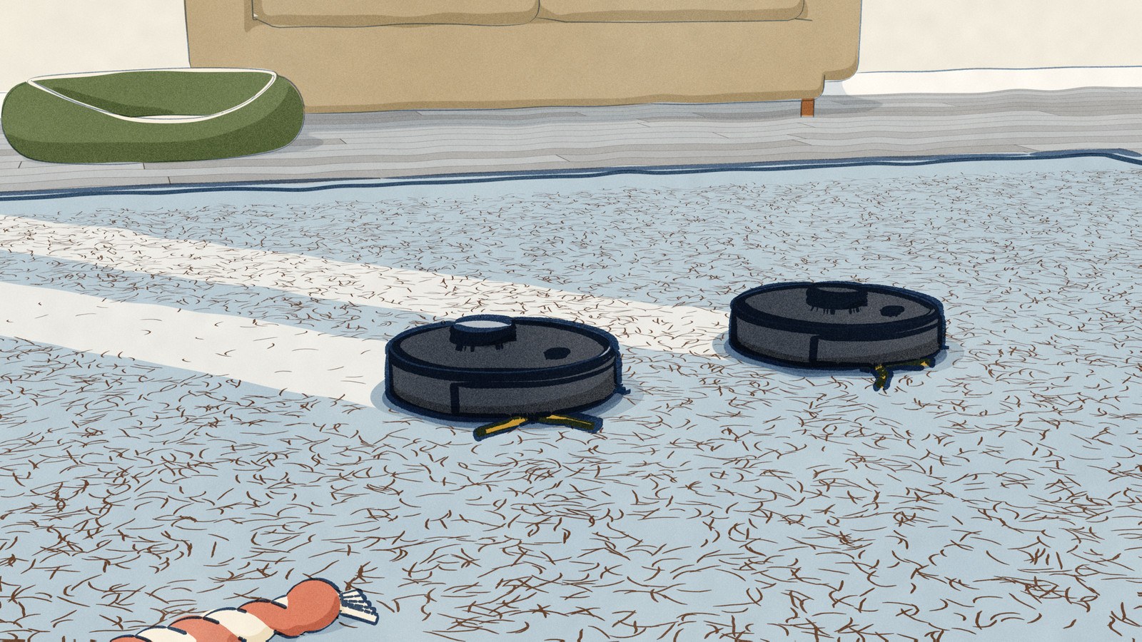 Seen from low on a rug covered in shed dog hair, two near-identical black Roborock robot vacuums cross it side by side: the one with the silver turret cap leaves a clean lane behind it, the other leaves most of the hair where it lay.