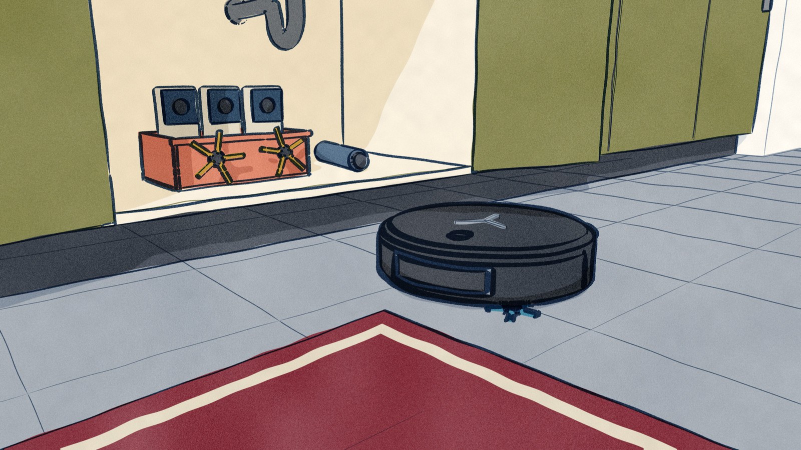 Seen low from the kitchen floor, the Ecovacs Deebot T80 Omni mops past the open under-sink cupboard where its spares are kept: a tub of dust bags, a spare roller mop and a pair of new side brushes.
