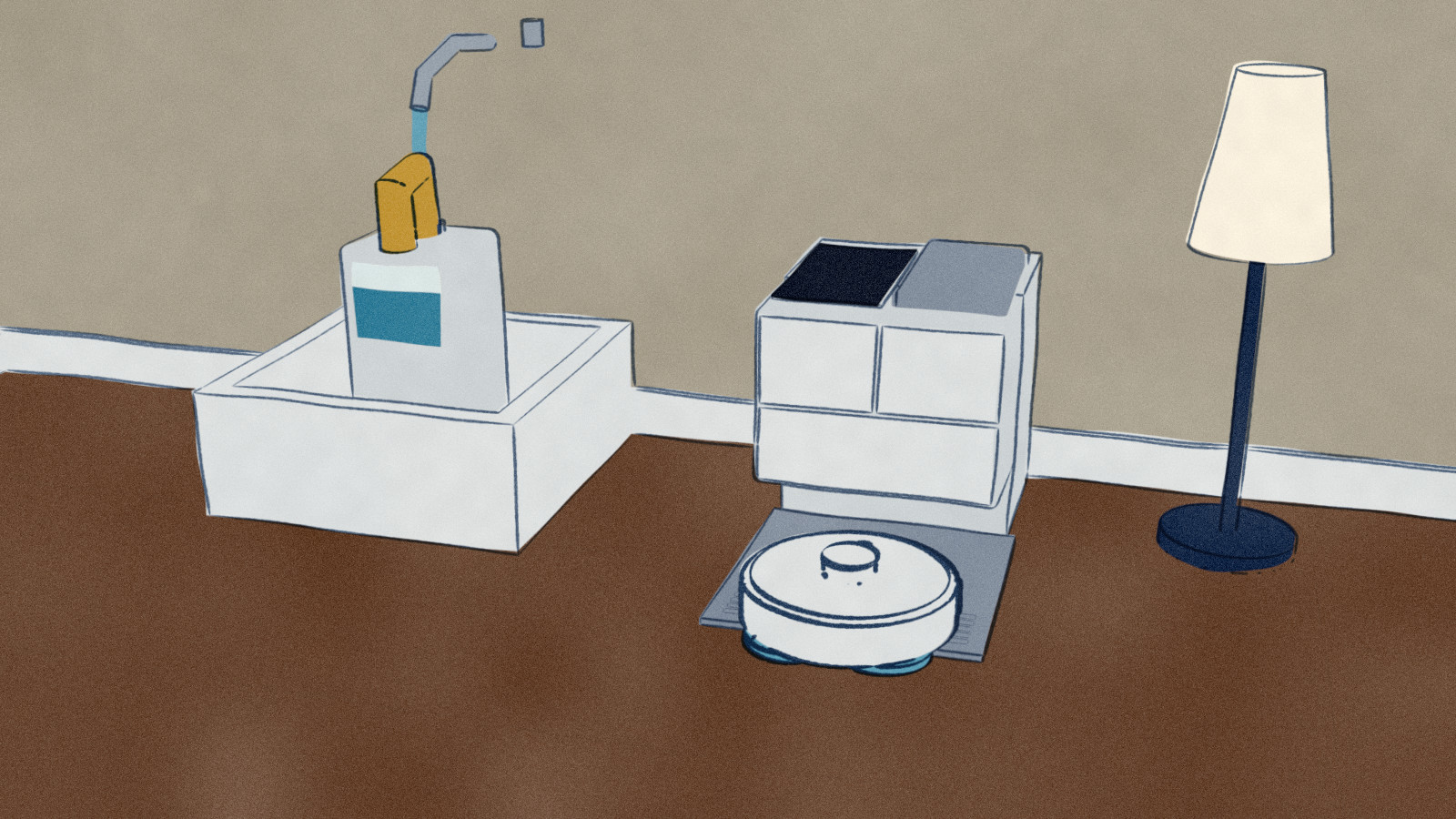 A utility room: a robot vacuum-mop's clean-water tank stands in the floor mop sink under the running tap, filling again, while the dock beside it stands with its lid off and one slot empty and the robot waits on the ramp.