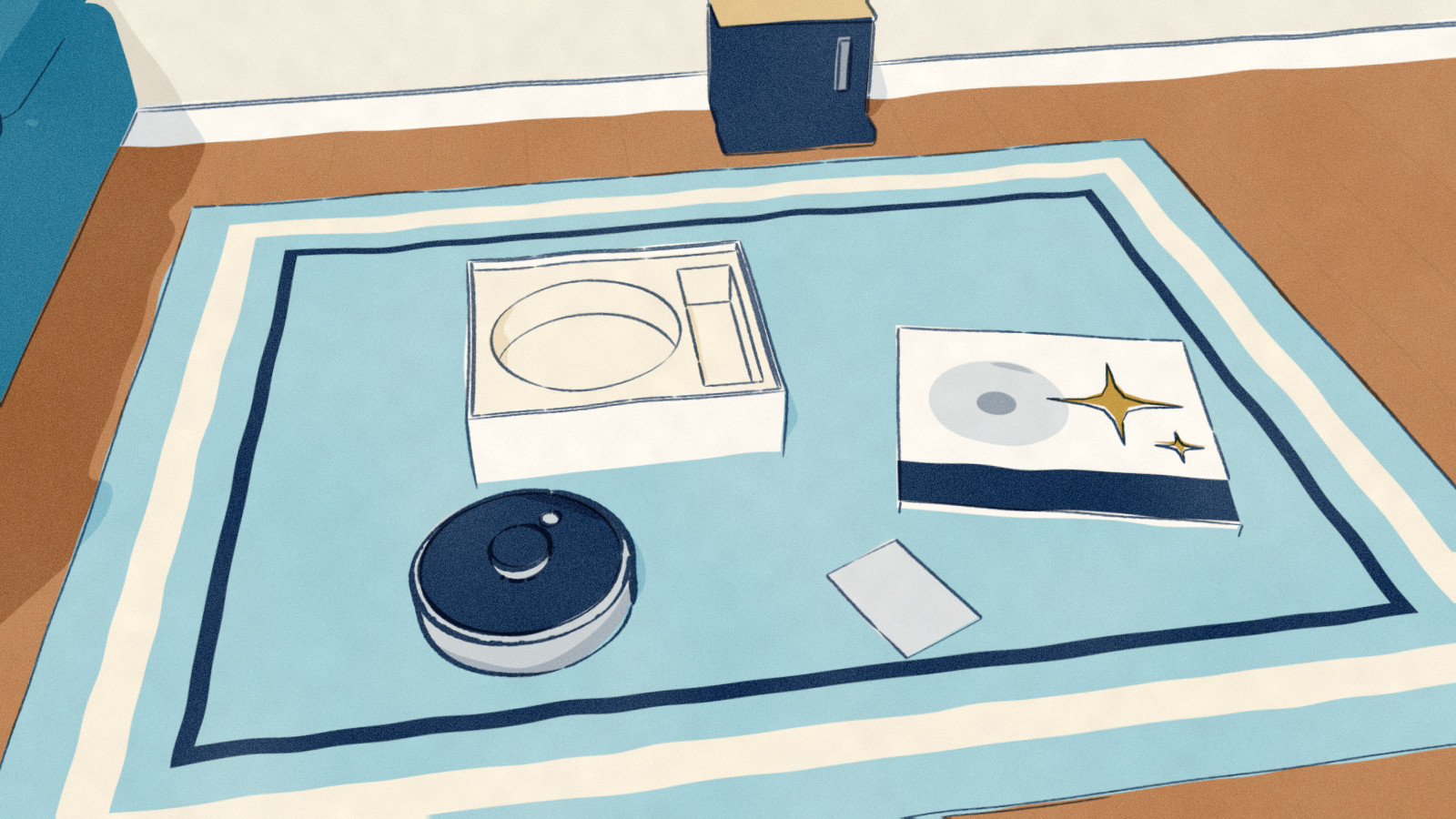 Unboxing on a living-room rug: the carton lid lies face up with a large four-pointed sparkle printed on it, the foam tray is empty where the robot was, and the robot vacuum sits on the rug beside it.