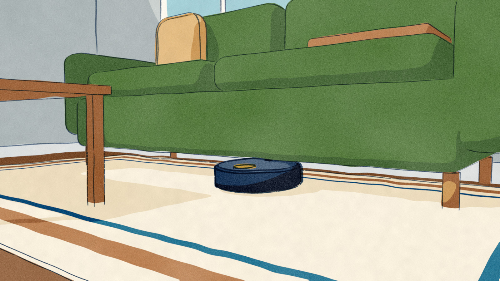 A robot vacuum has driven nose-first under a low sofa and wedged itself there, its lid jammed against the frame and its rear still out on the rug; a light on its lid is the one way it can report being stuck.