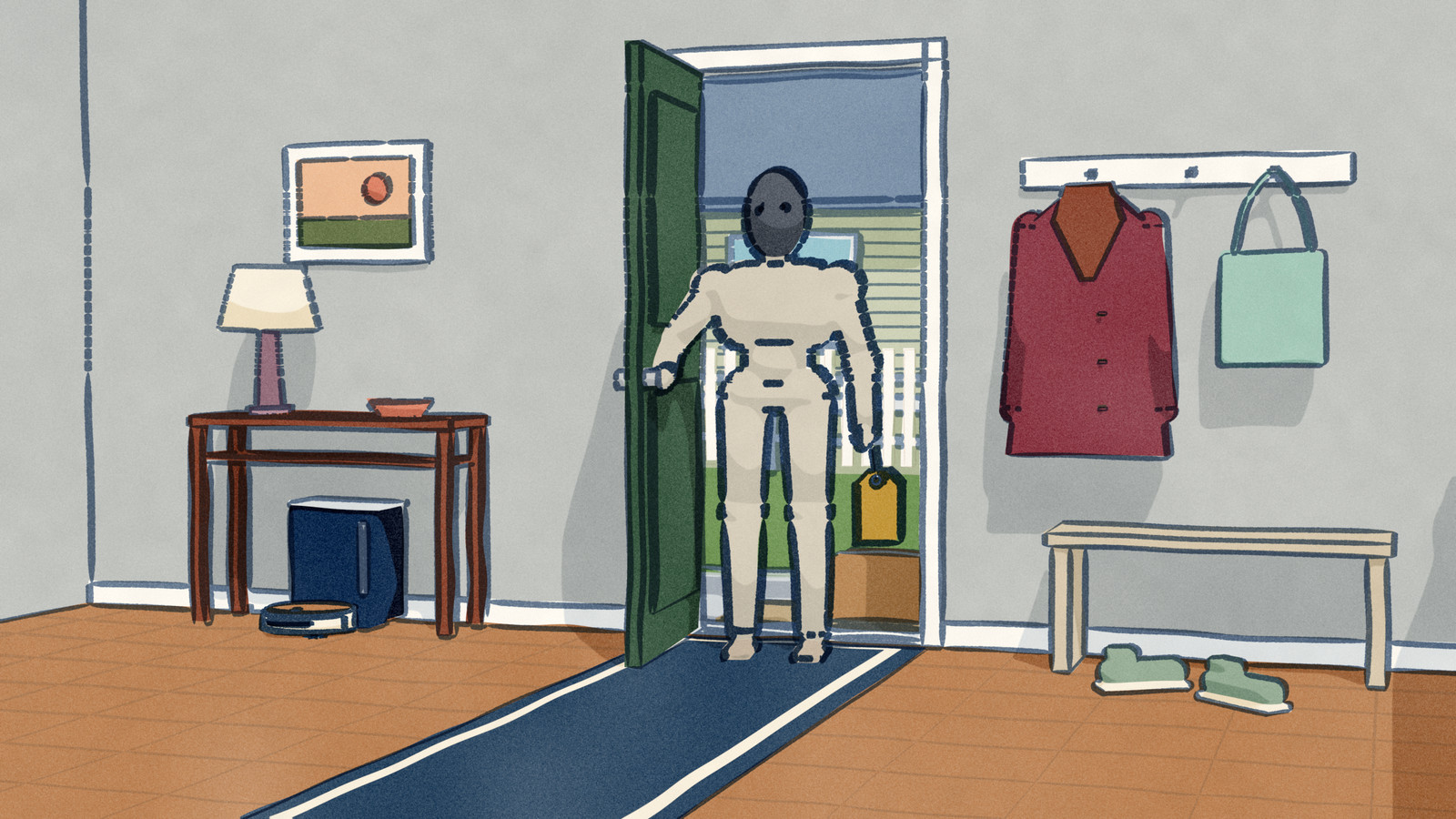 A 1X NEO humanoid holds a green front door open in a tiled hall, a blank price tag still hanging from its wrist, while a robot vacuum sits on its emptying base under the hall table.