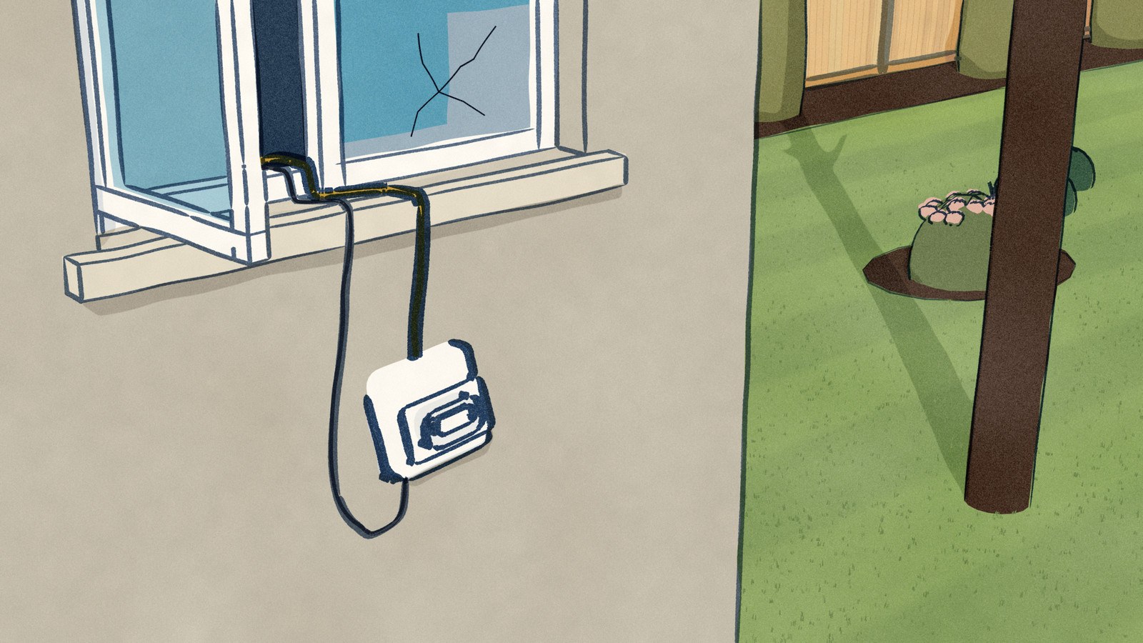Outside an upstairs window, a white window-cleaning robot that has lost its grip at a crack in the glass hangs on its safety rope just below the stone sill, the rope running over the sill into the open casement, with the garden two storeys below.