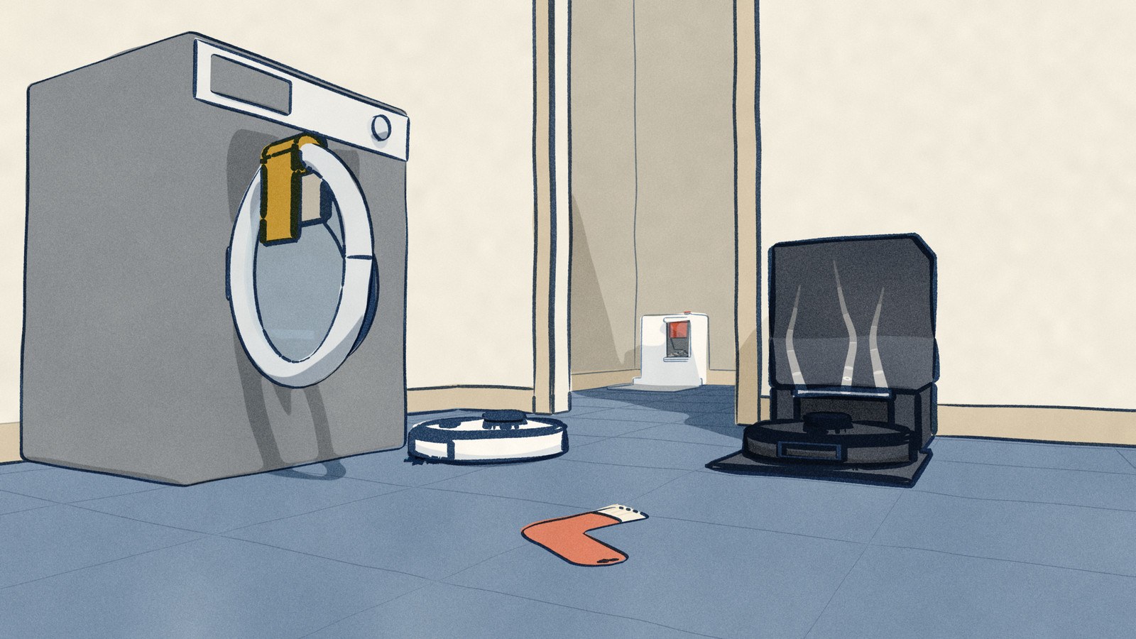 Laundry day seen from the floor: the black Roborock Qrevo S Pro sits in its own wash tower with warm air curling out of the bay, while the white Yeedi waits by the open washing machine with its flat mop pad hung over the door, its bagless dock visible in the hall beyond.