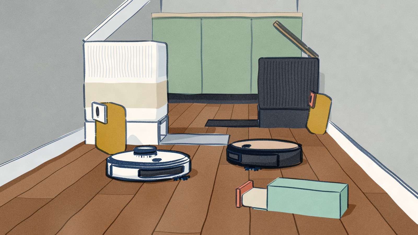 Down a narrow utility passage, a white Dreame X50 Ultra and a black Roomba Combo j9+ work in front of their docks on facing walls, both dock lids raised: both full bags lifted out onto the boards, a carton of new bags open in the foreground.