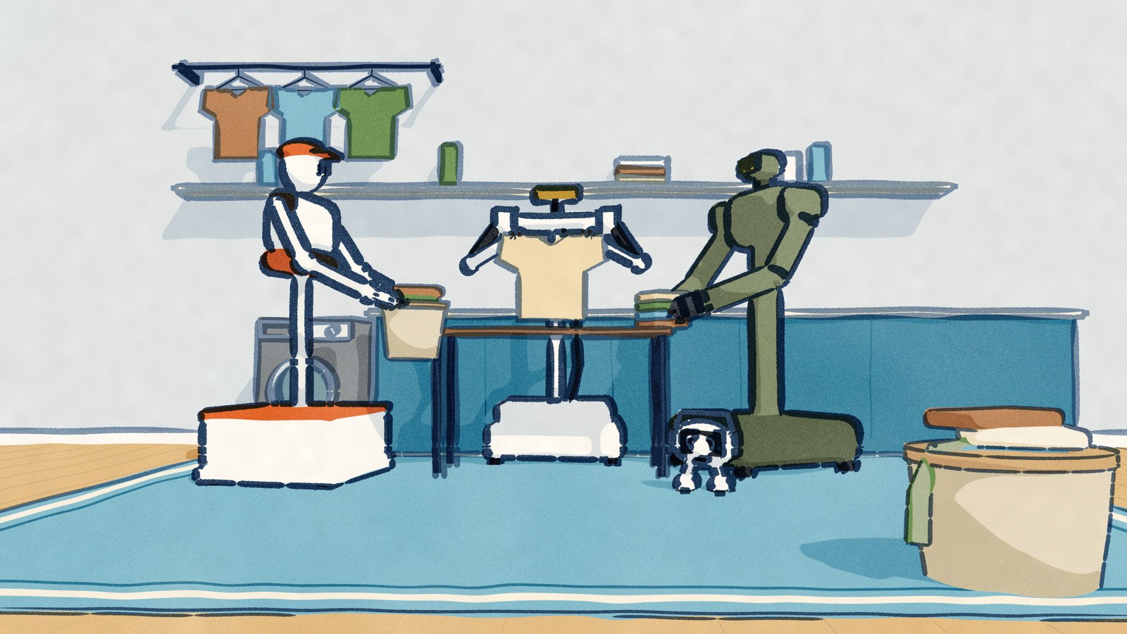Laundry day in a utility room: the Sunday Memo carries a basket from the washer, the Weave Isaac 0 lifts a shirt over the folding table, the Isaac 1 picks up the folded pile and the LG Q9 rolls past on the floor.