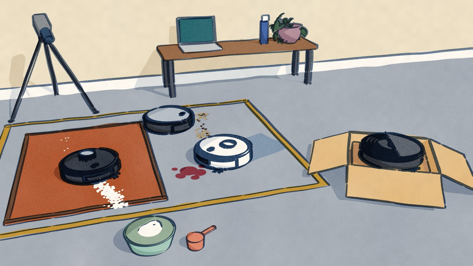 In a reviewer's studio three robot vacuums work test courses inside a taped-out floor, one on a line of flour across a carpet square, one into spilled cereal, one mopping a dried stain, while a camera on a tripod films them and a fourth robot still sits in its opened shipping carton outside the tape.