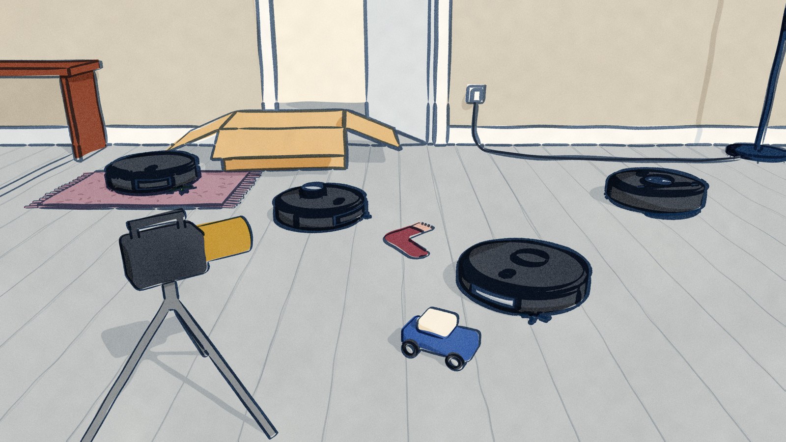 On an upstairs landing three robot vacuums drive up to a sock, a toy car and a lamp cord laid across the boards while a small camera on a short tripod films them, and a fourth robot sits on a small rug in front of its opened carton with nothing in its path.