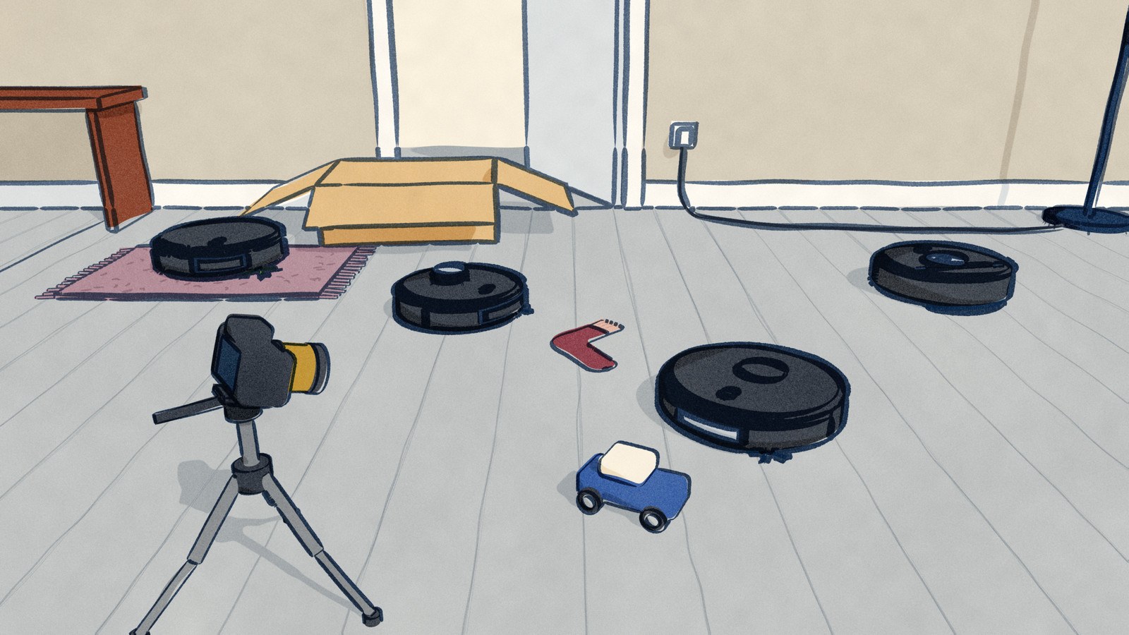 On an upstairs landing three robot vacuums drive up to a sock, a toy car and a lamp cord laid across the boards while a small camera on a short tripod films them, and a fourth robot sits on a small rug in front of its opened carton with nothing in its path.