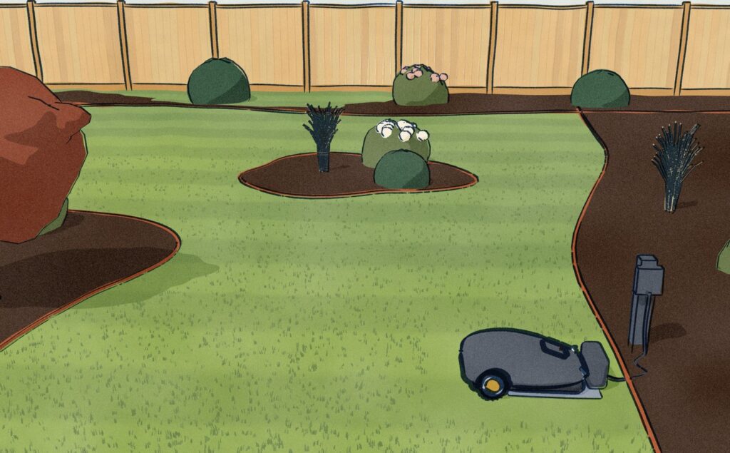 The upper lawn of the same garden seen from above: an irregular lawn cut by a kidney bed with a maple and an island bed, a narrow neck of grass between them, and the Husqvarna 410 iQ docked and charging at its station on the near corner.