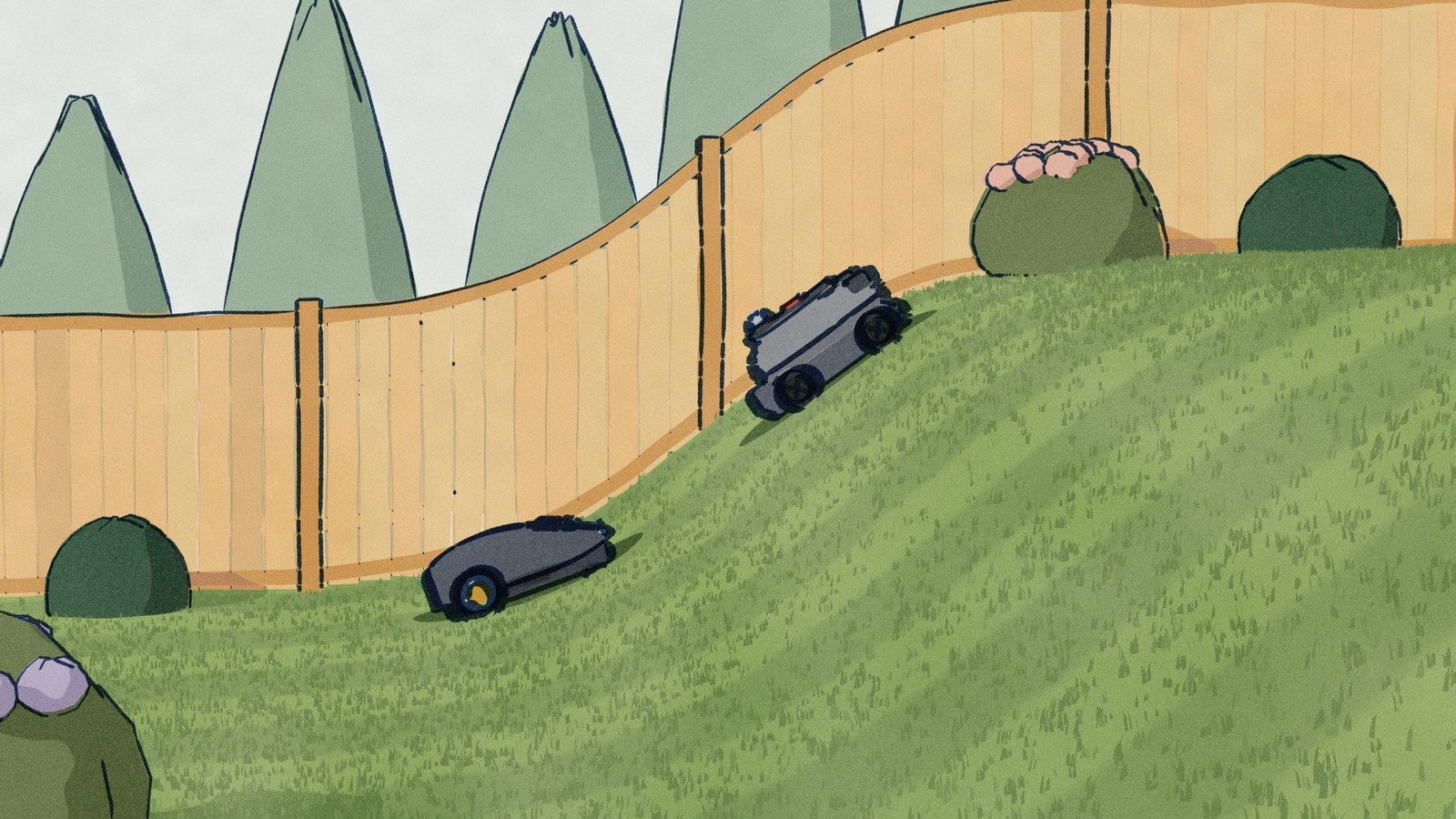 A back-garden grass bank seen side-on: the Roborock RockMow X120H climbs the steep middle of the bank while the Husqvarna Automower 410 iQ mows up the gentle foot, a board fence stepping up the curve behind them.