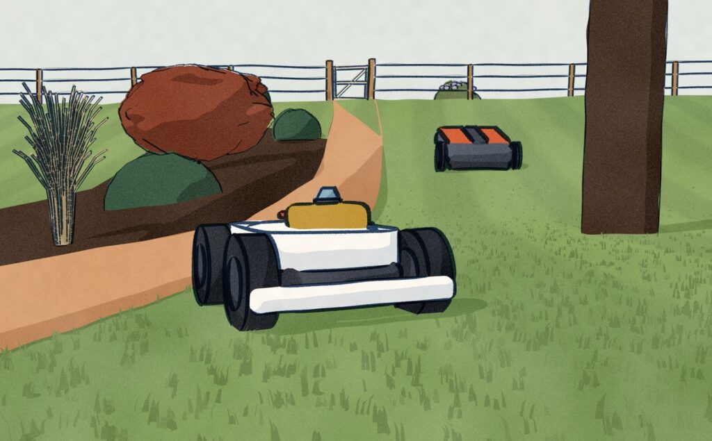 At the side of the same lawn, the LUBA 3 AWD turns back out at the edge of a clay walk that runs up to a gate, with no boundary wire, peg or antenna anywhere, while the CEORA climbs the open lanes beyond.
