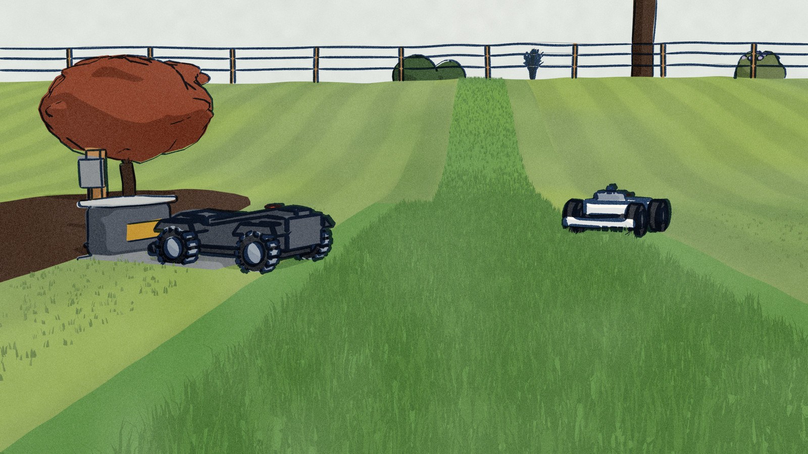 Down in the long grass of a big half-mown lawn, the Navimow X4 rolls back to its charging station with its lane only part cut, while the LUBA 3 AWD further up keeps cutting its own lane toward us.