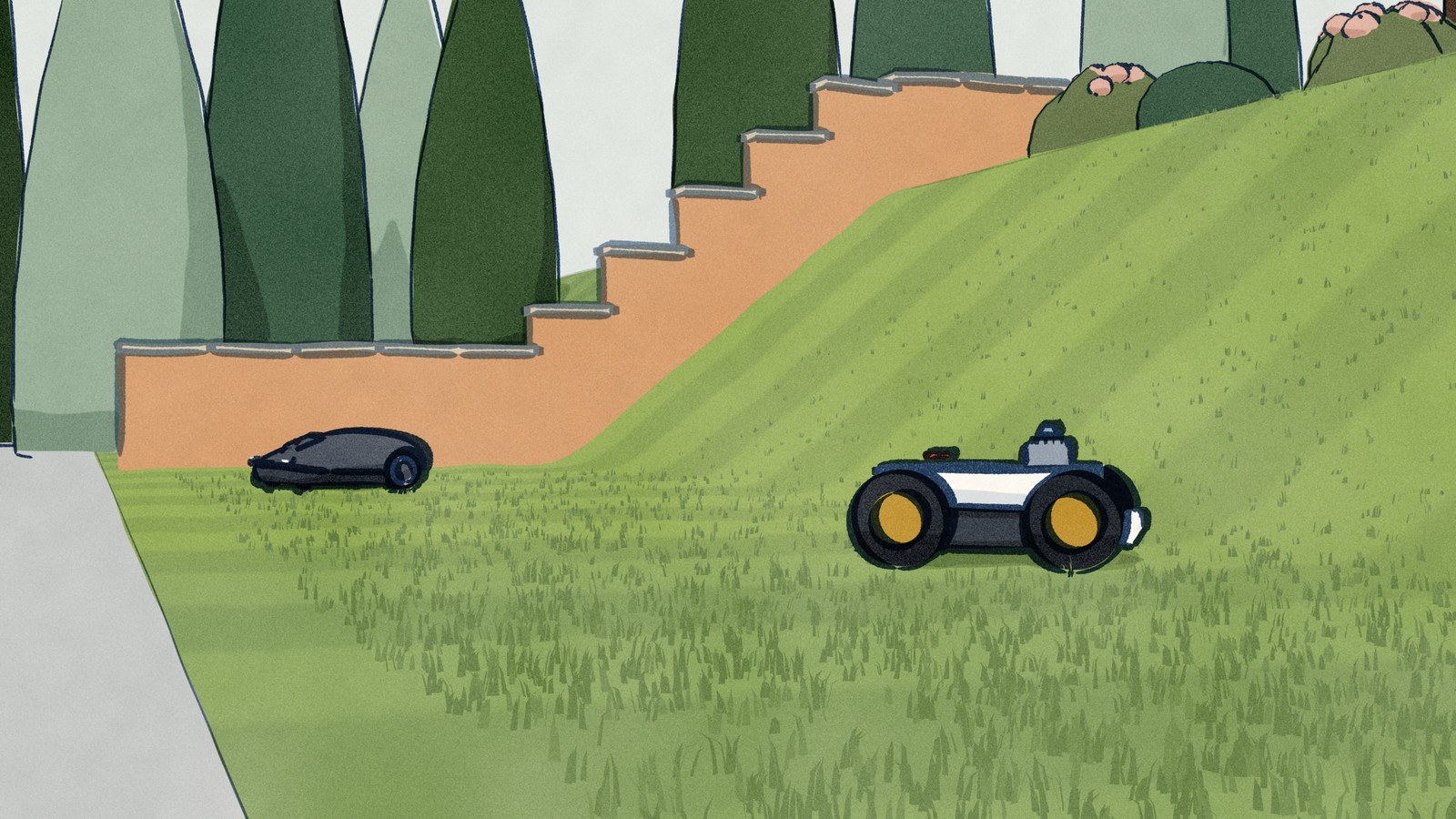 On the level strip of lawn at the foot of a steep front-yard bank, the white Mammotion LUBA 3 AWD stands nose to the slope on its four driven wheels while the dark Husqvarna 420 iQ mows the flat grass by the sidewalk.